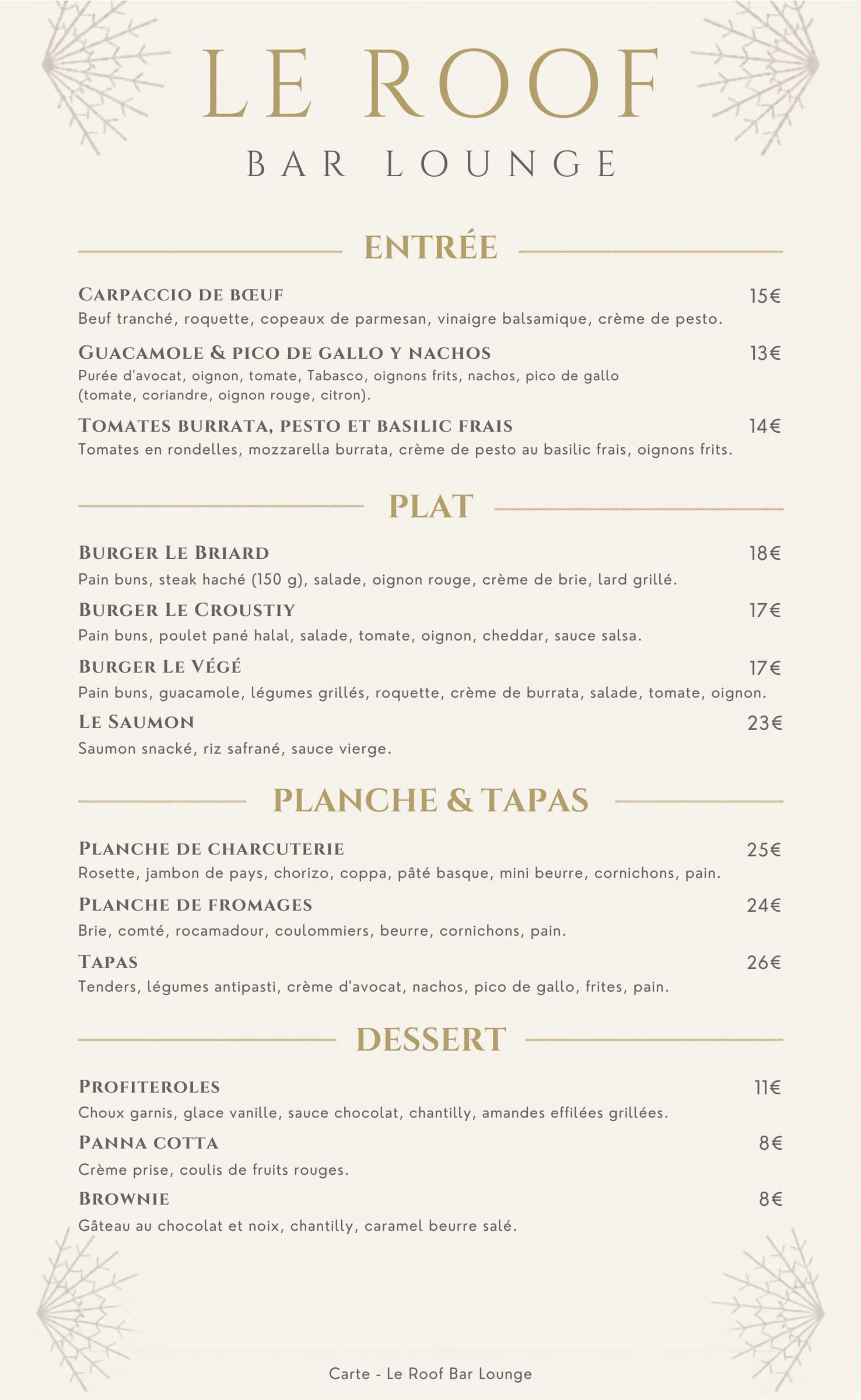 La carte du Bar Lounge - Le Roof Marne la Vallée