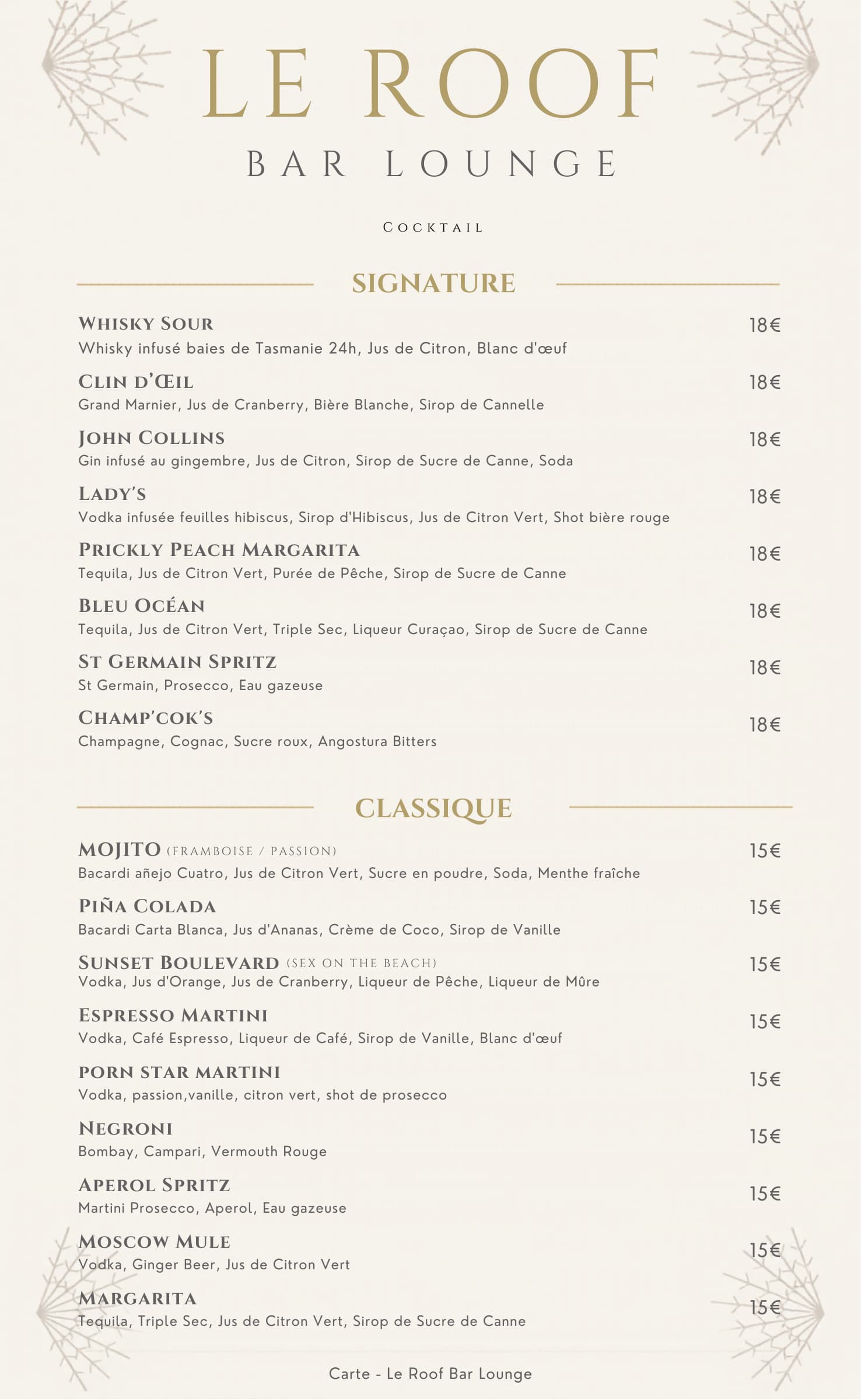 La carte du Bar Lounge - Le Roof Marne la Vallée