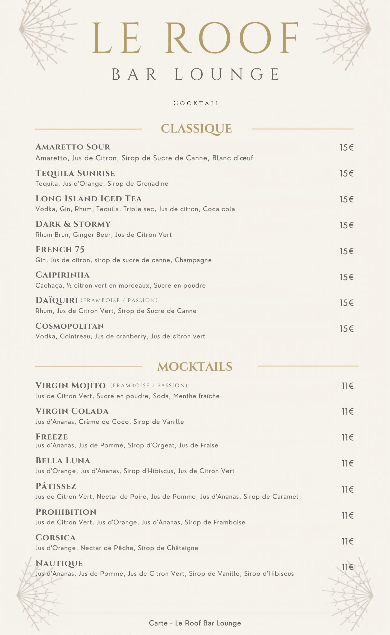 La carte du Bar Lounge - Le Roof Marne la Vallée