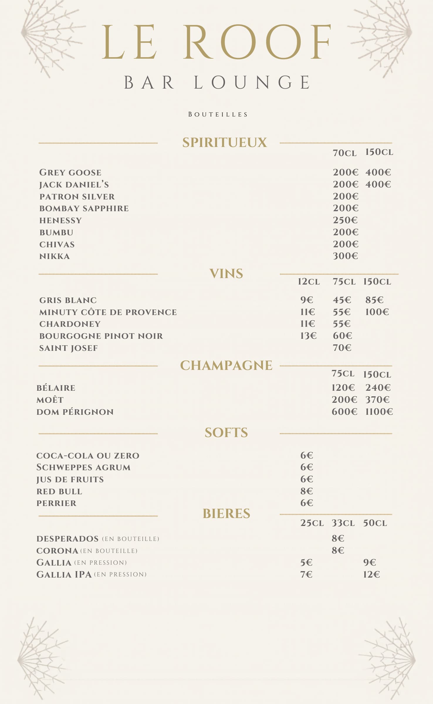 La carte du Bar Lounge - Le Roof Marne la Vallée